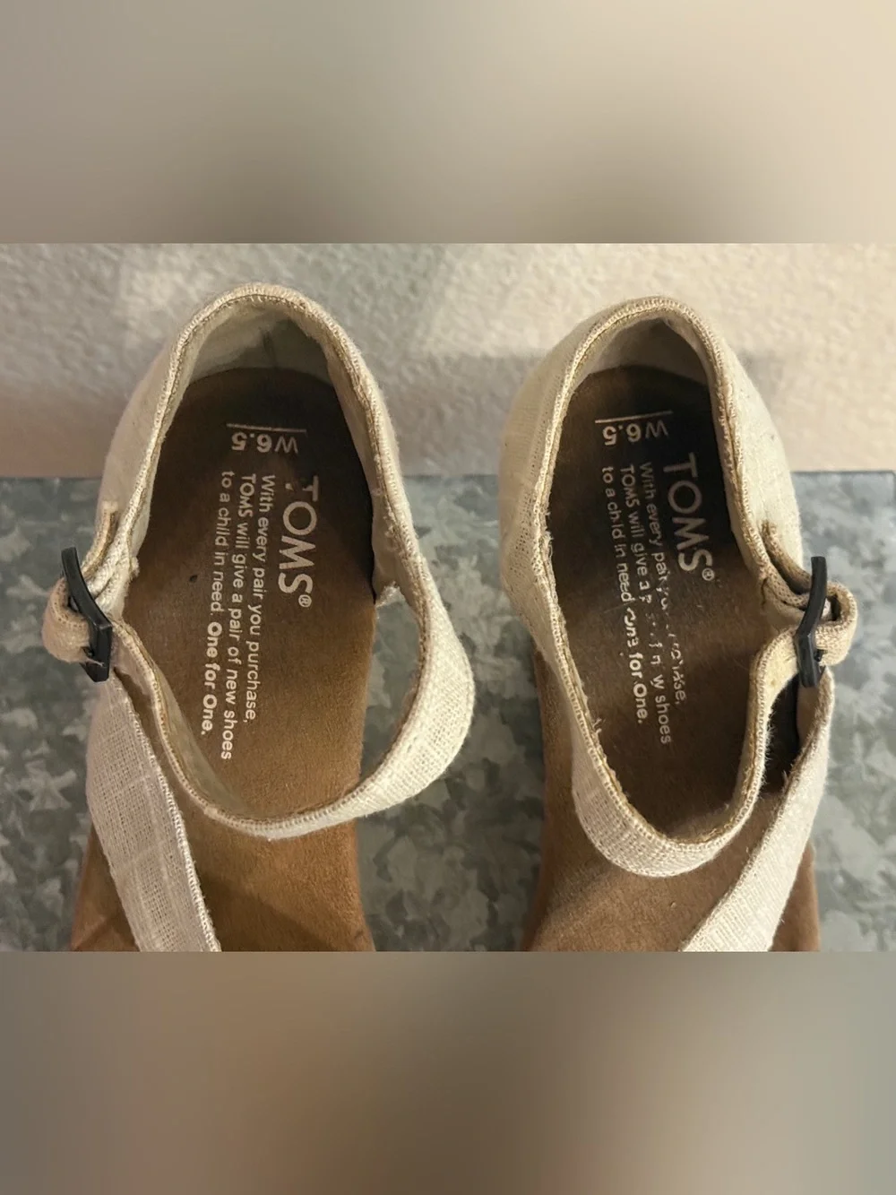 Toms Clarissa Linen Cork Wedge Sandals in Cream, Size 6.5